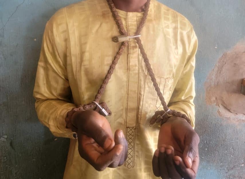 Police in Niger State free kidnapped victim found chained by the neck and hands with padlocks.